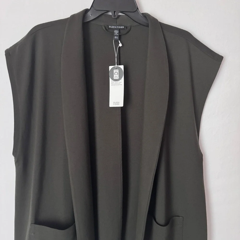 Eileen Fisher High Collar Long Vest Women L Woodland Green Quiet Luxury